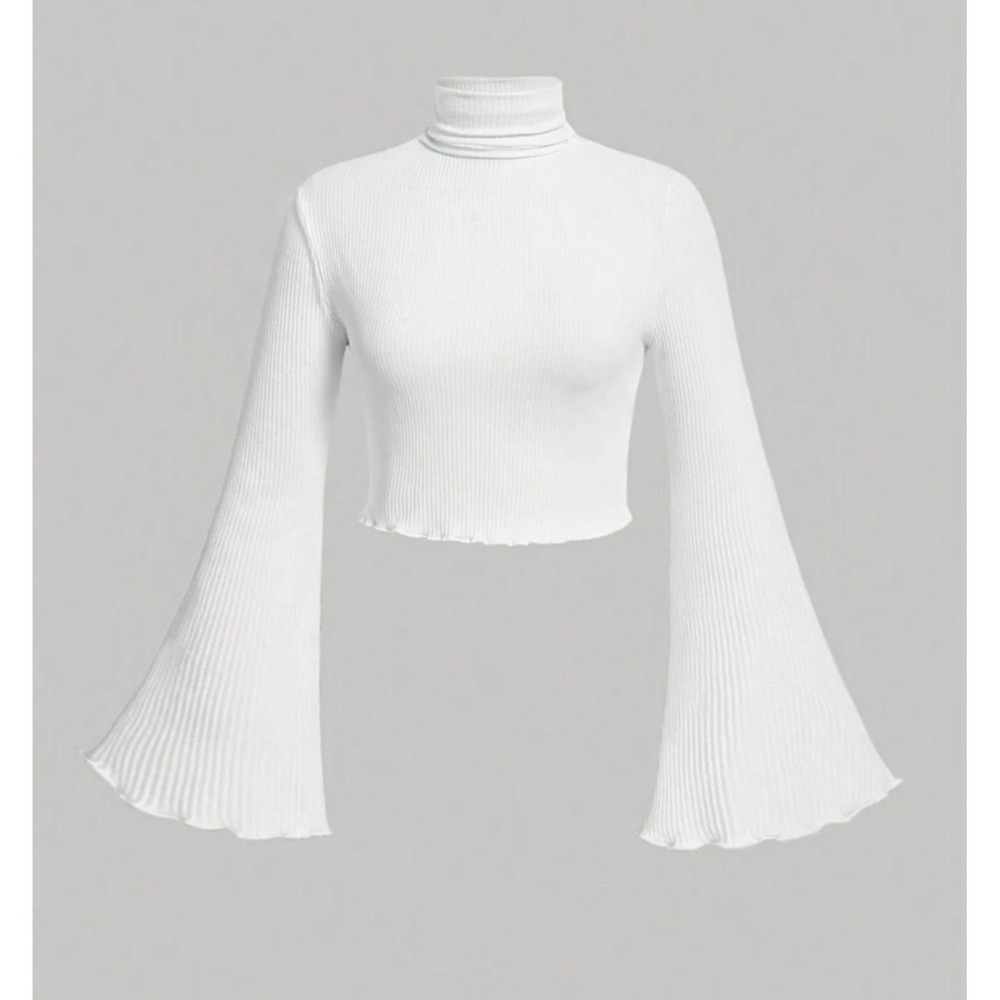 White Ribbed Turtleneck Bell Sleeve Crop Top Lettuce Edge Knit Top